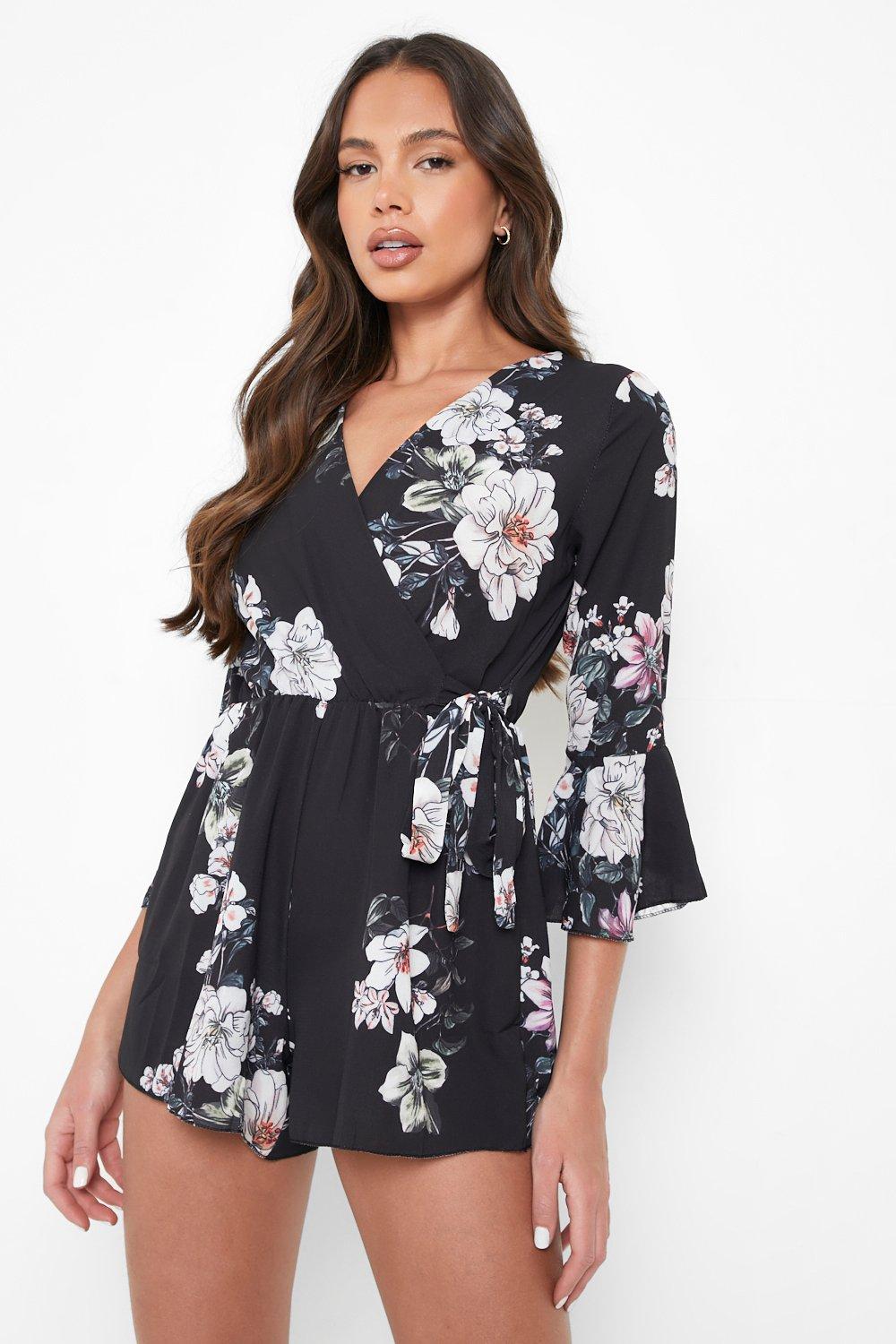 Floral Wrap Tie Romper boohoo USA