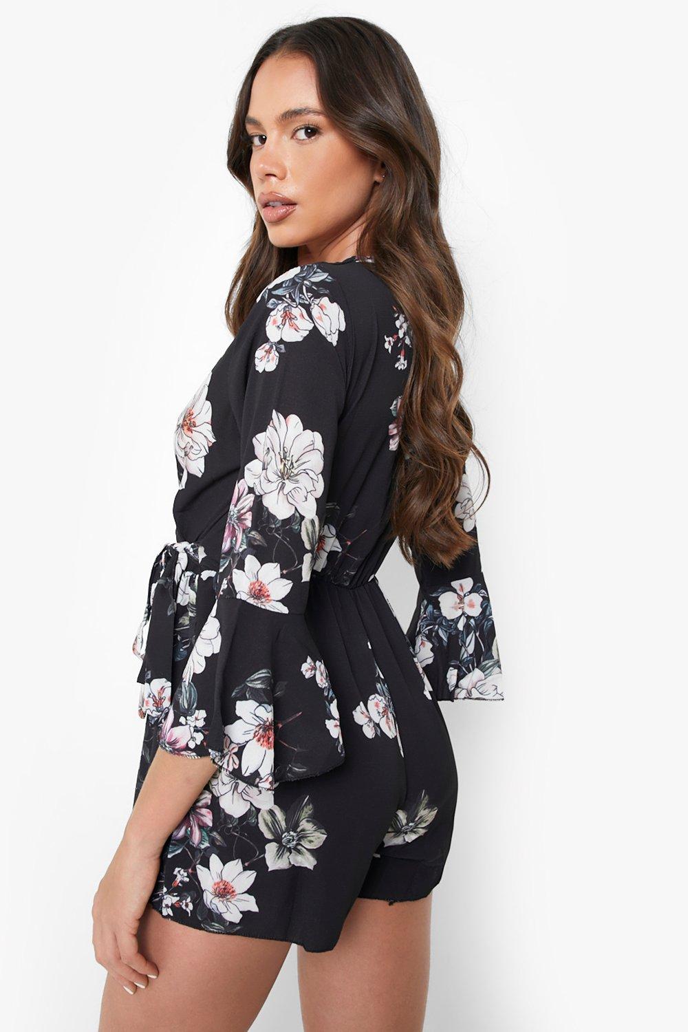 Floral Wrap Tie Romper boohoo USA