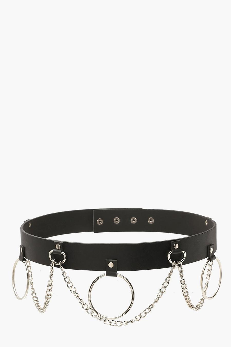 Cintura con anello e dettagli a catena, Nero negro