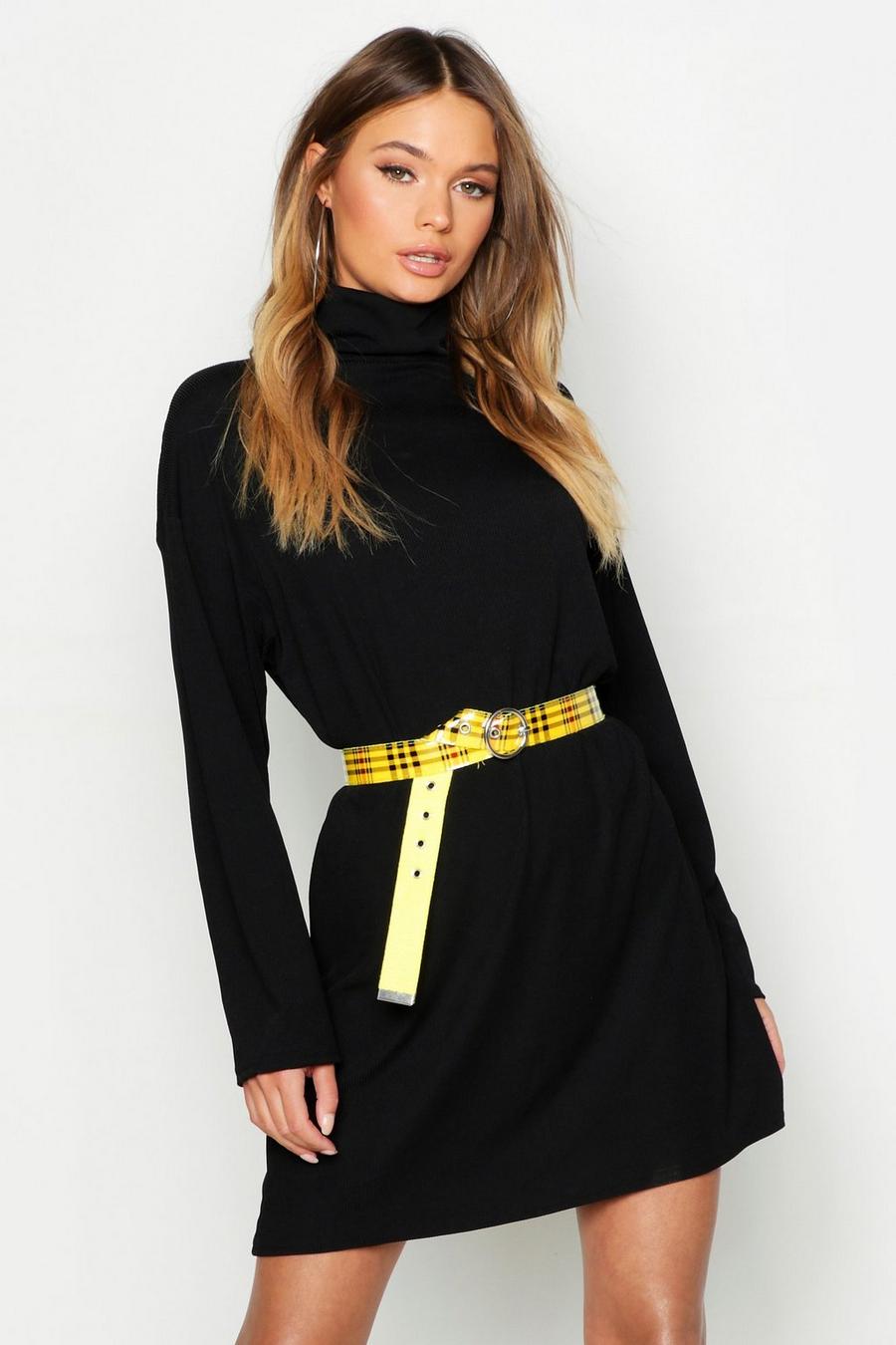 Black Roll Neck Ribbed Long Sleeve Mini Dress image number 1