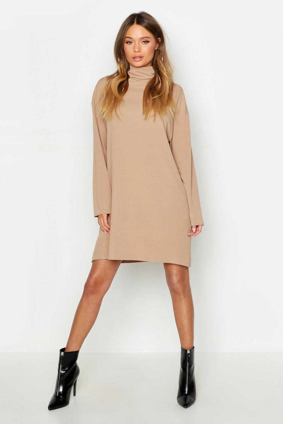 Camel Roll Neck Ribbed Long Sleeve Mini Dress image number 1