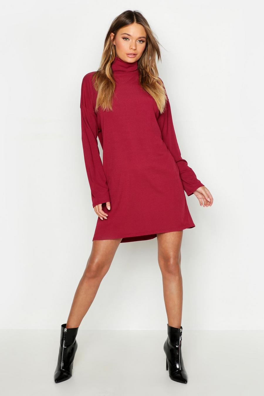 Wine Roll Neck Ribbed Long Sleeve Mini Dress image number 1