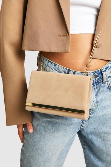 Structured Suedette Clutch Bag and Chain taupe