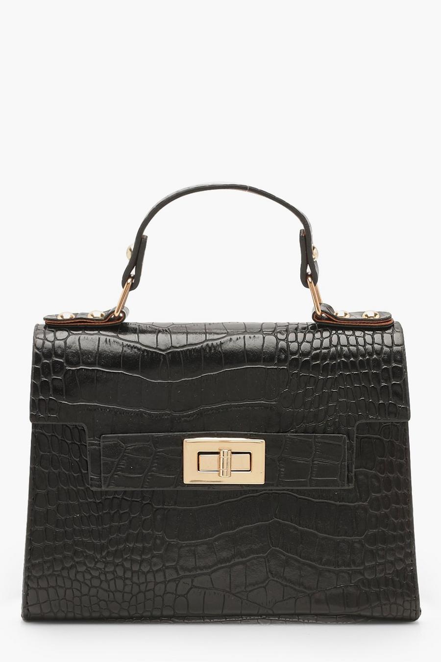 Black Faux Croc Small Tote Bag image number 1