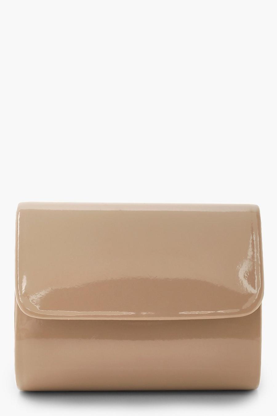 Taupe Mini Structured Patent Clutch Bag & Chain image number 1