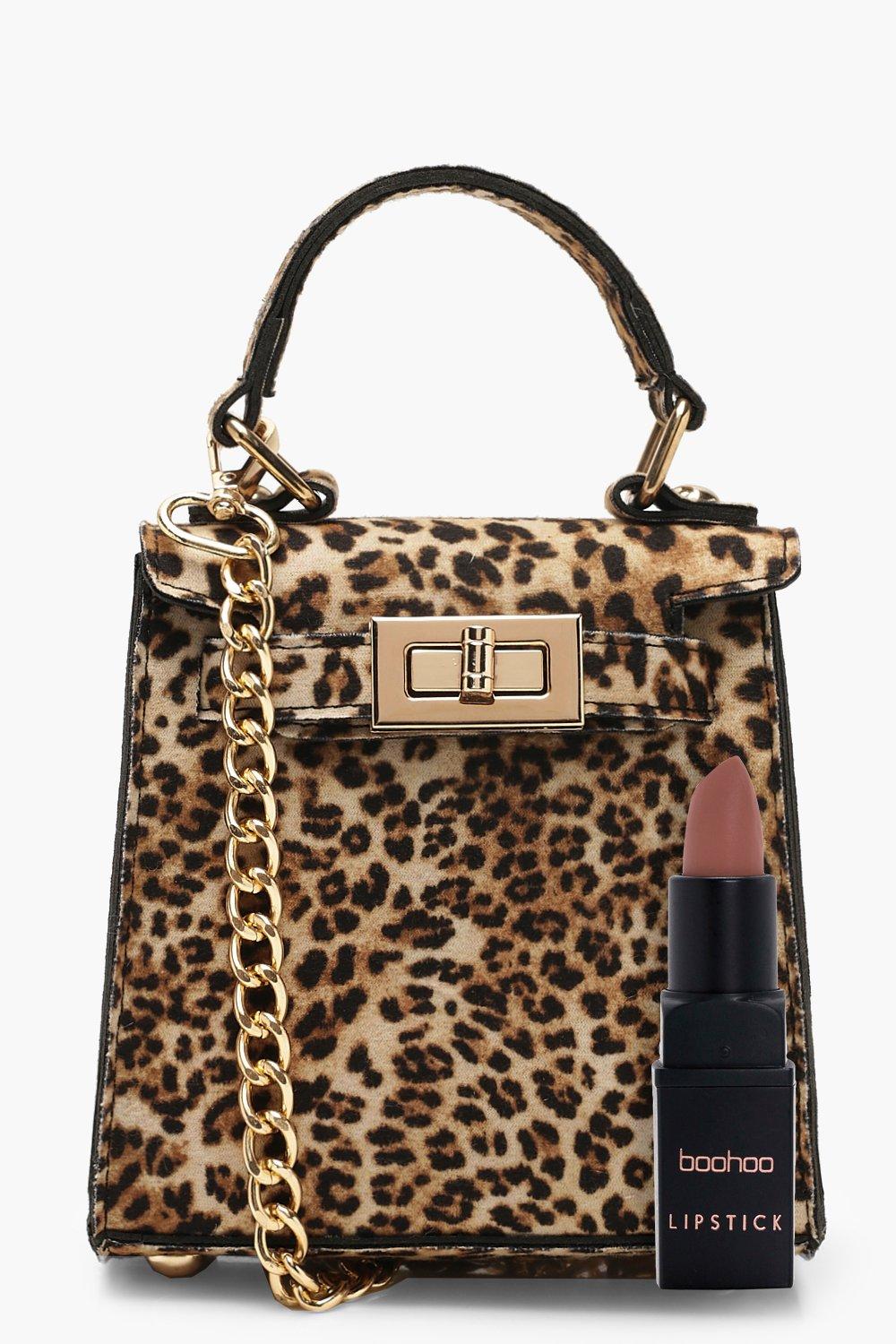 Suedette Leopard Mini Lock Grab Bag Boohoo UK