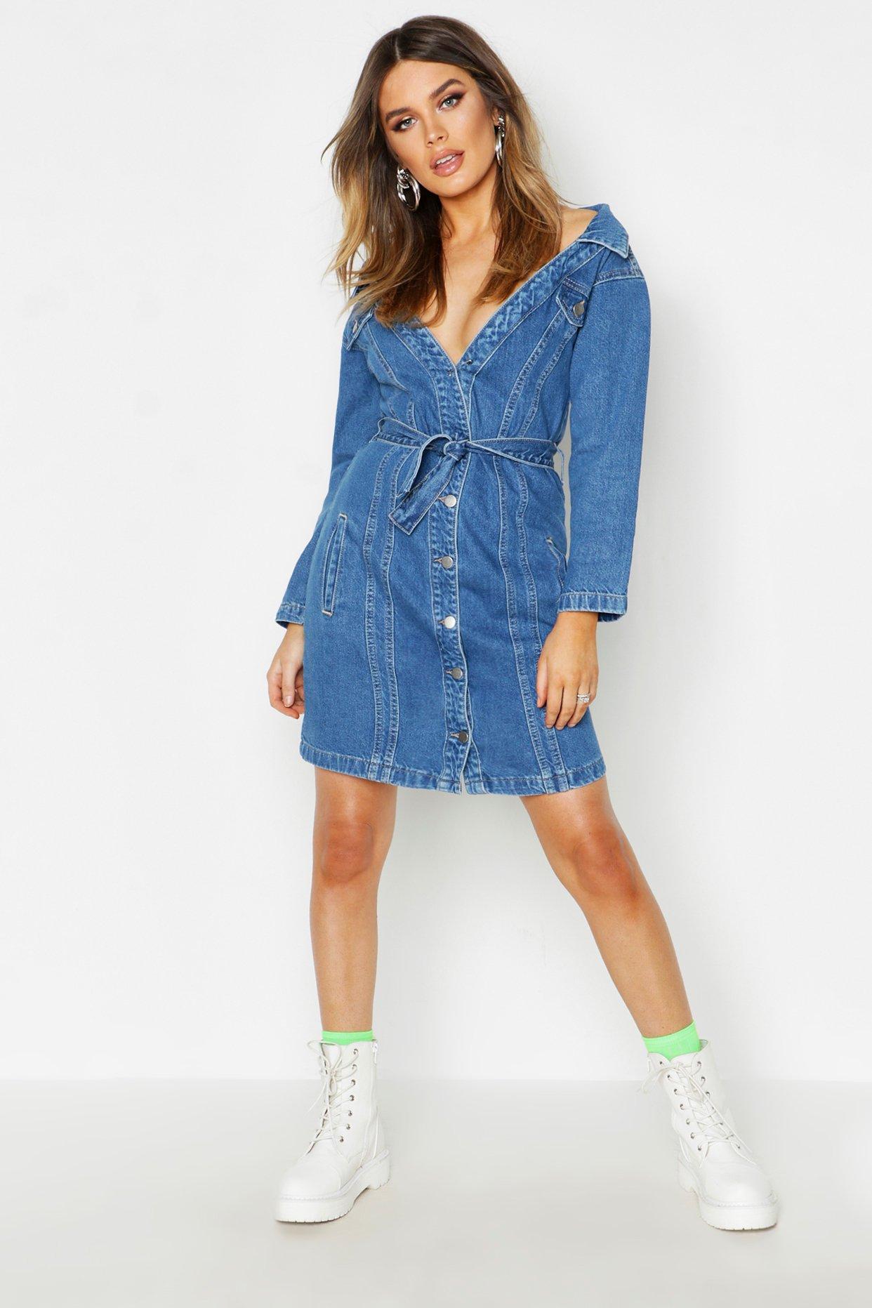 boohoo off shoulder denim dress