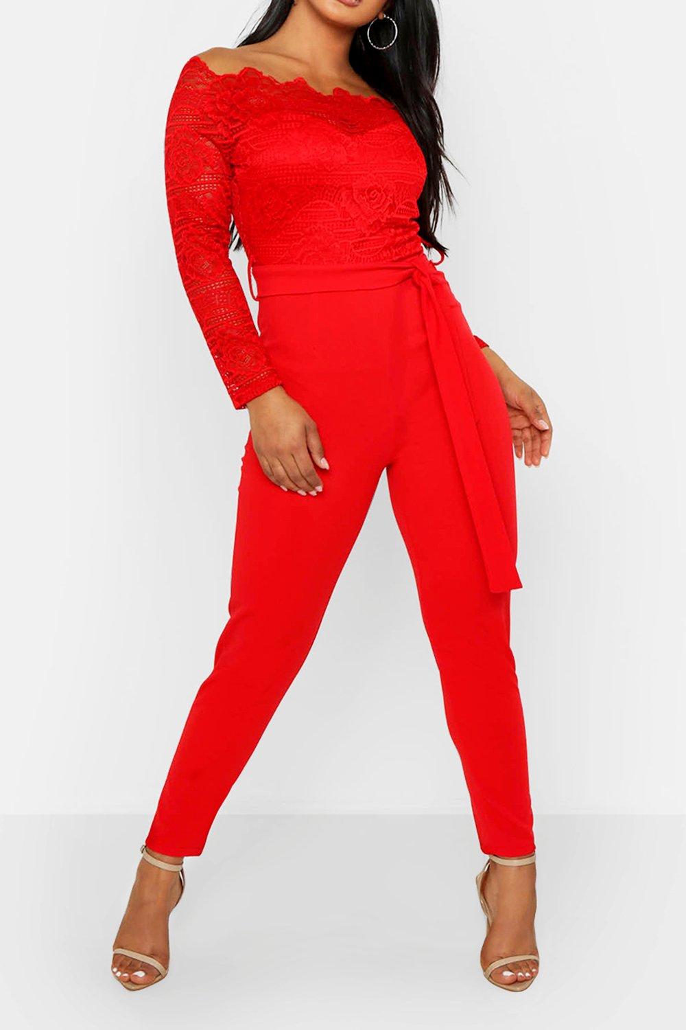 Off The Shoulder Lace 2 In 1 Jumpsuit Boohoo