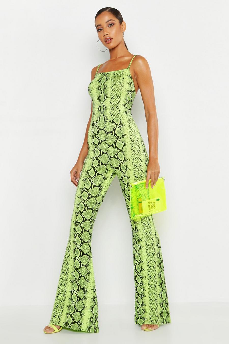 Lime Neonfärgad jumpsuit med ormskinnsmönster och vida ben image number 1