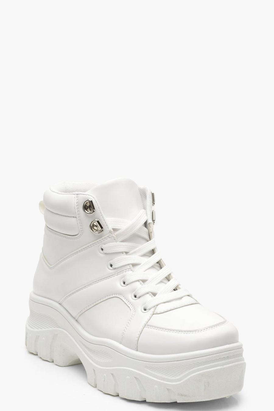 White Lace Up Chunky High Top Sneakers image number 1