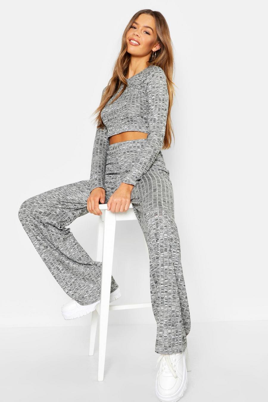 Grey Rib Cropped Top And Pants Two-Piece Set image number 1