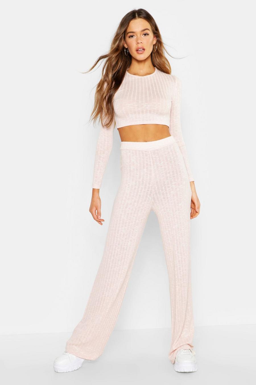 Soft pink Rib Cropped Top And Pants Co-Ord Set image number 1