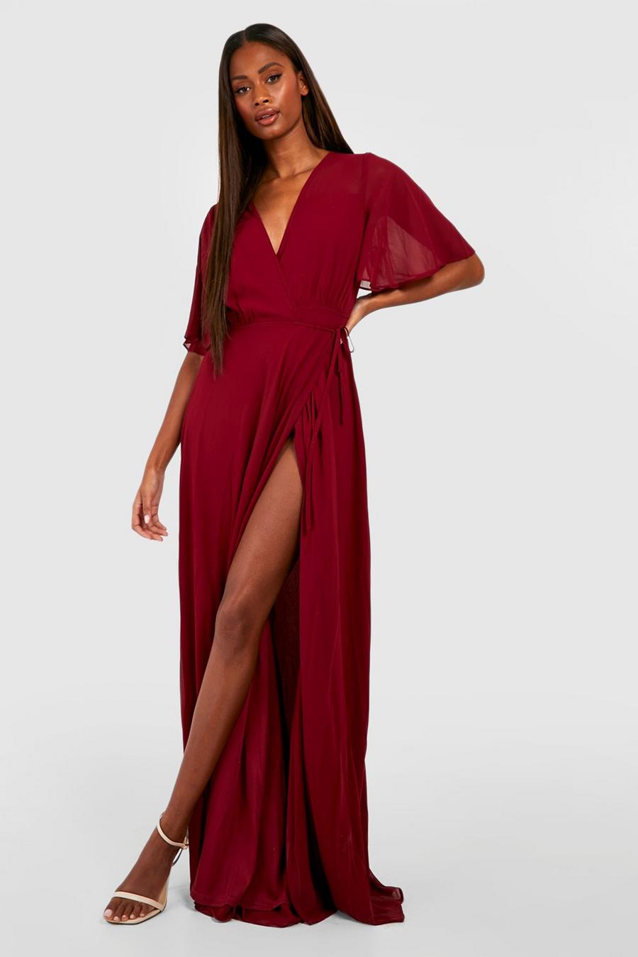 Berry rosso Chiffon Angel Sleeve Wrap Maxi Bridesmaid Dress