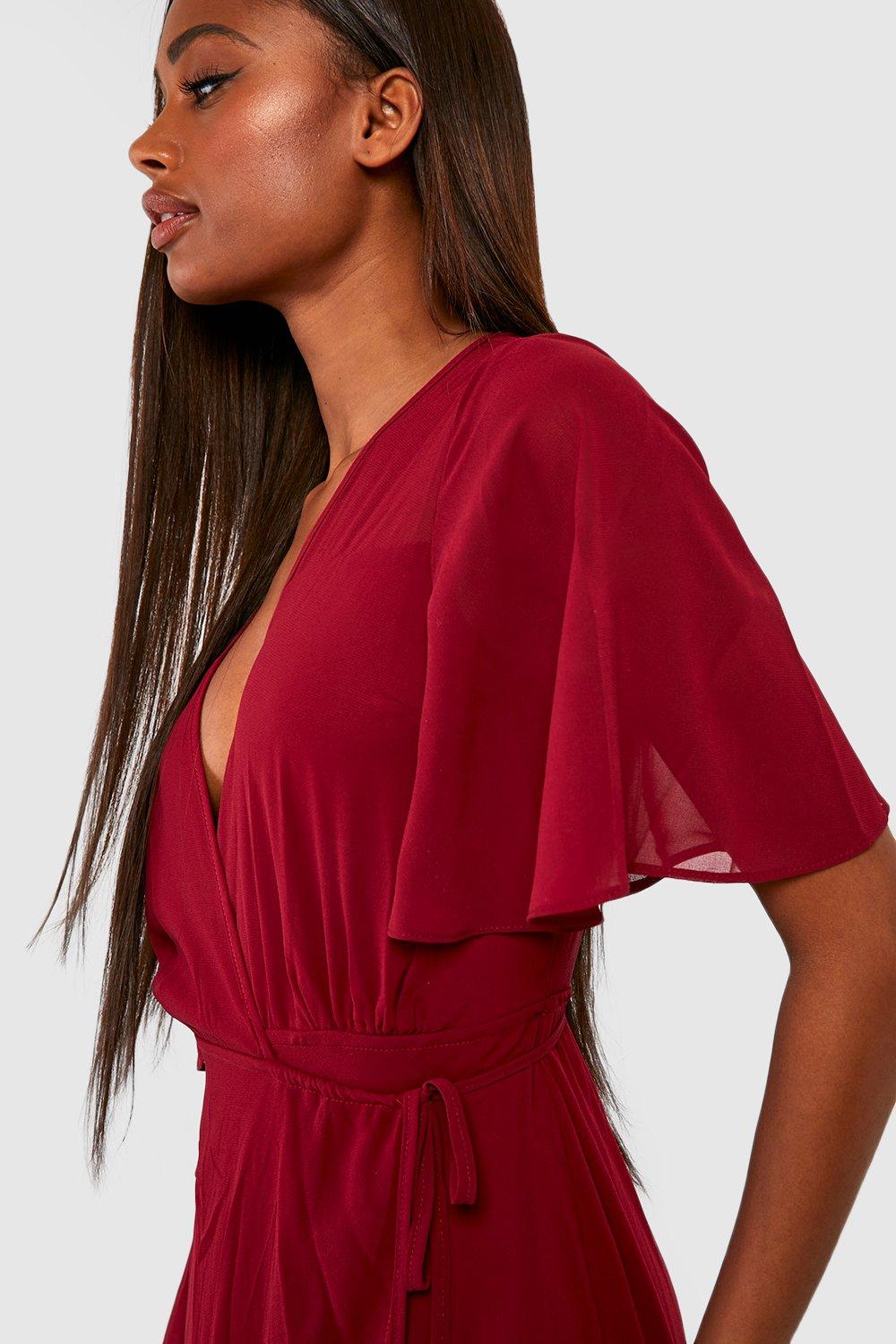 Chiffon Angel Sleeve Wrap Maxi Bridesmaid Dress | boohoo Chiffon Angel Sleeve Wrap Maxi Bridesmaid Dress | boohoo