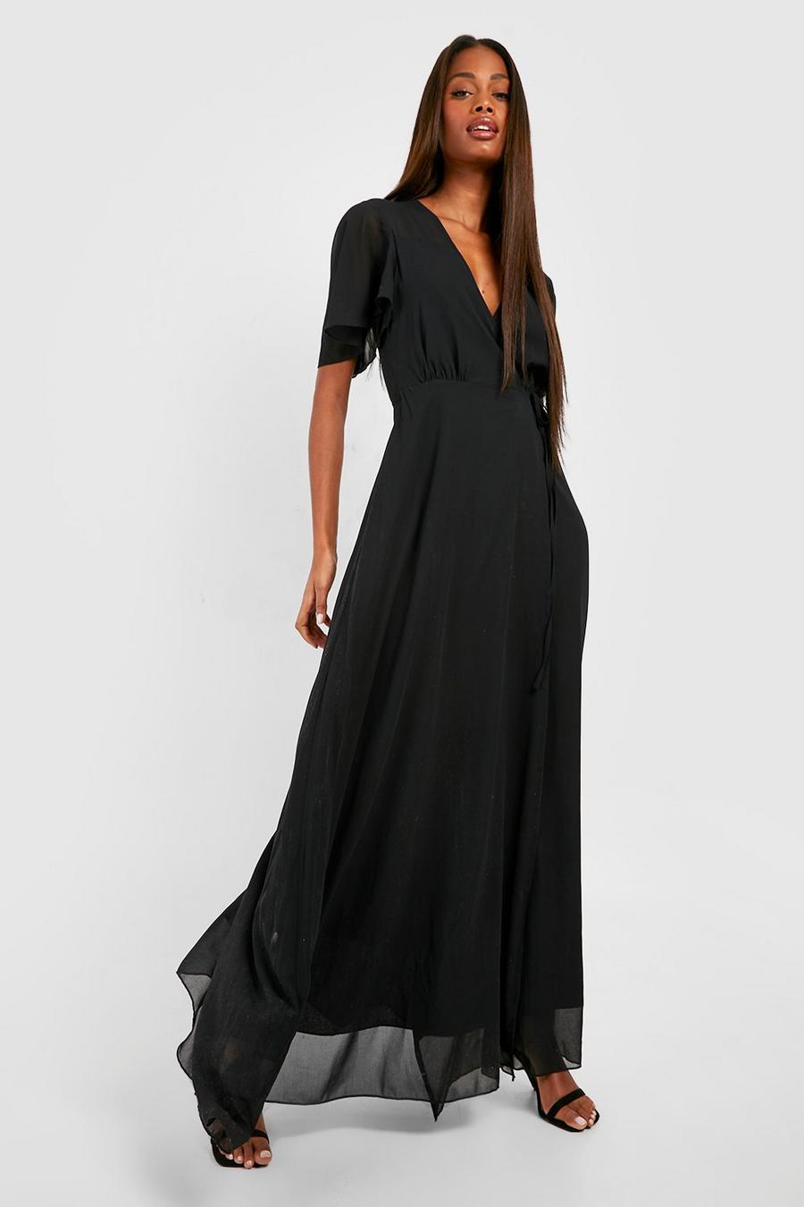 Black Chiffon Angel Sleeve Wrap Maxi Bridesmaid Dress