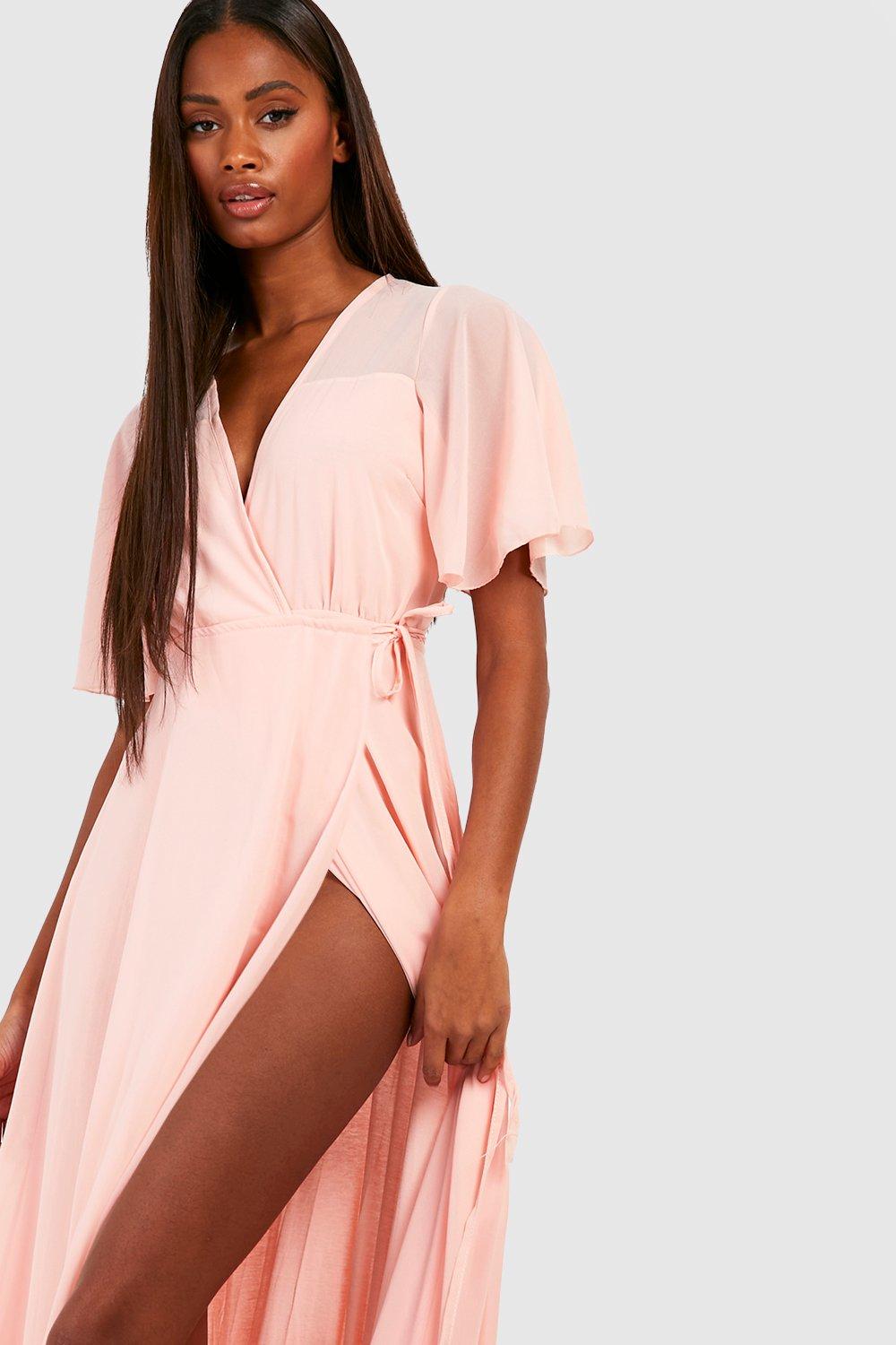 Pink long clearance wrap dress