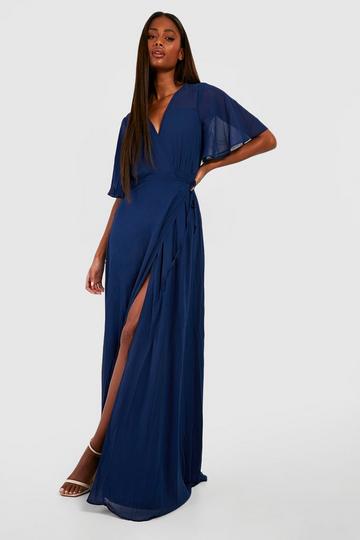 Chiffon Angel Sleeve Wrap Maxi Bridesmaid Dress navy