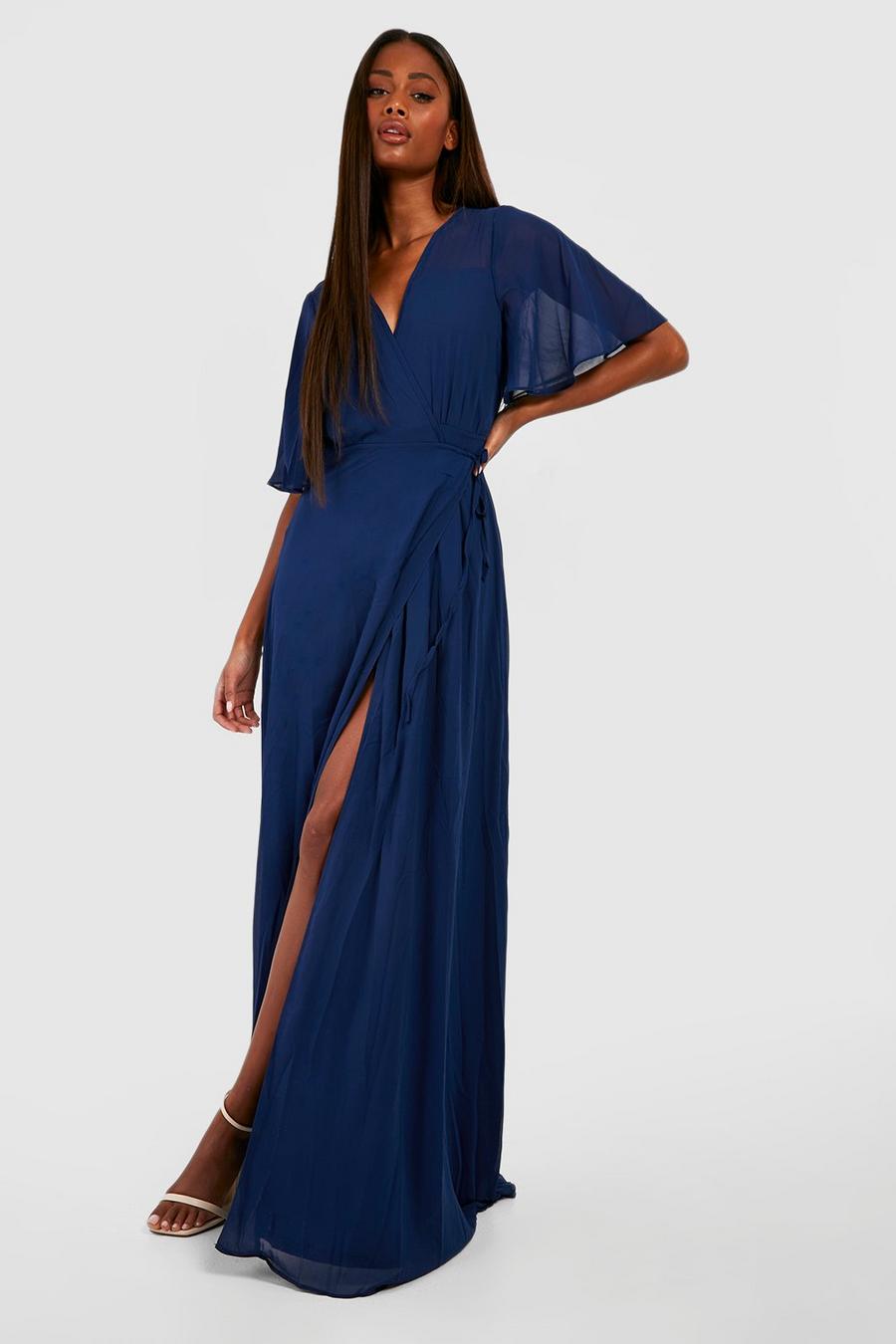 Navy blu oltremare Chiffon Angel Sleeve Wrap Maxi Bridesmaid Dress