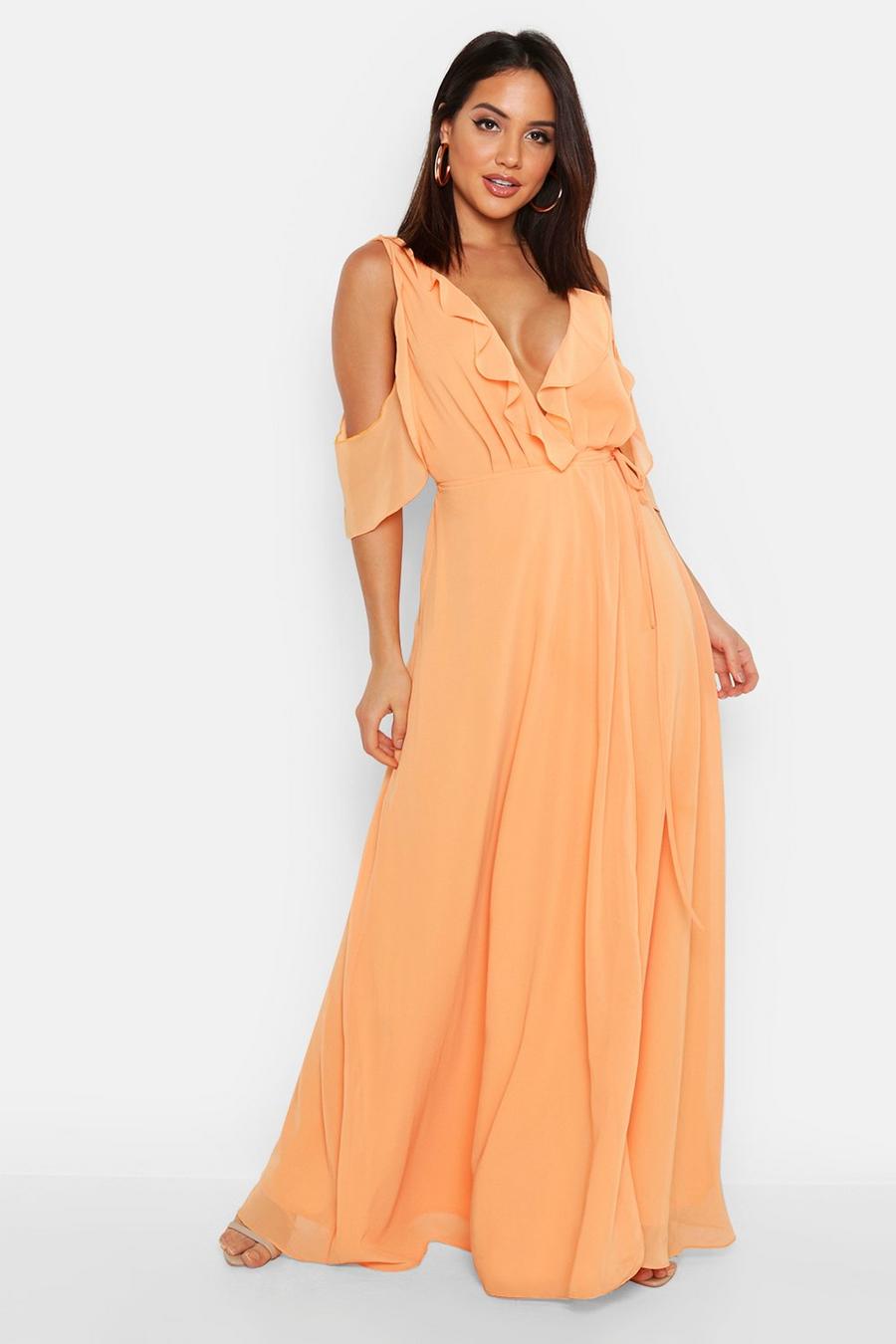 Apricot nude Chiffon Frill Cold Shoulder Wrap Maxi Dress image number 1