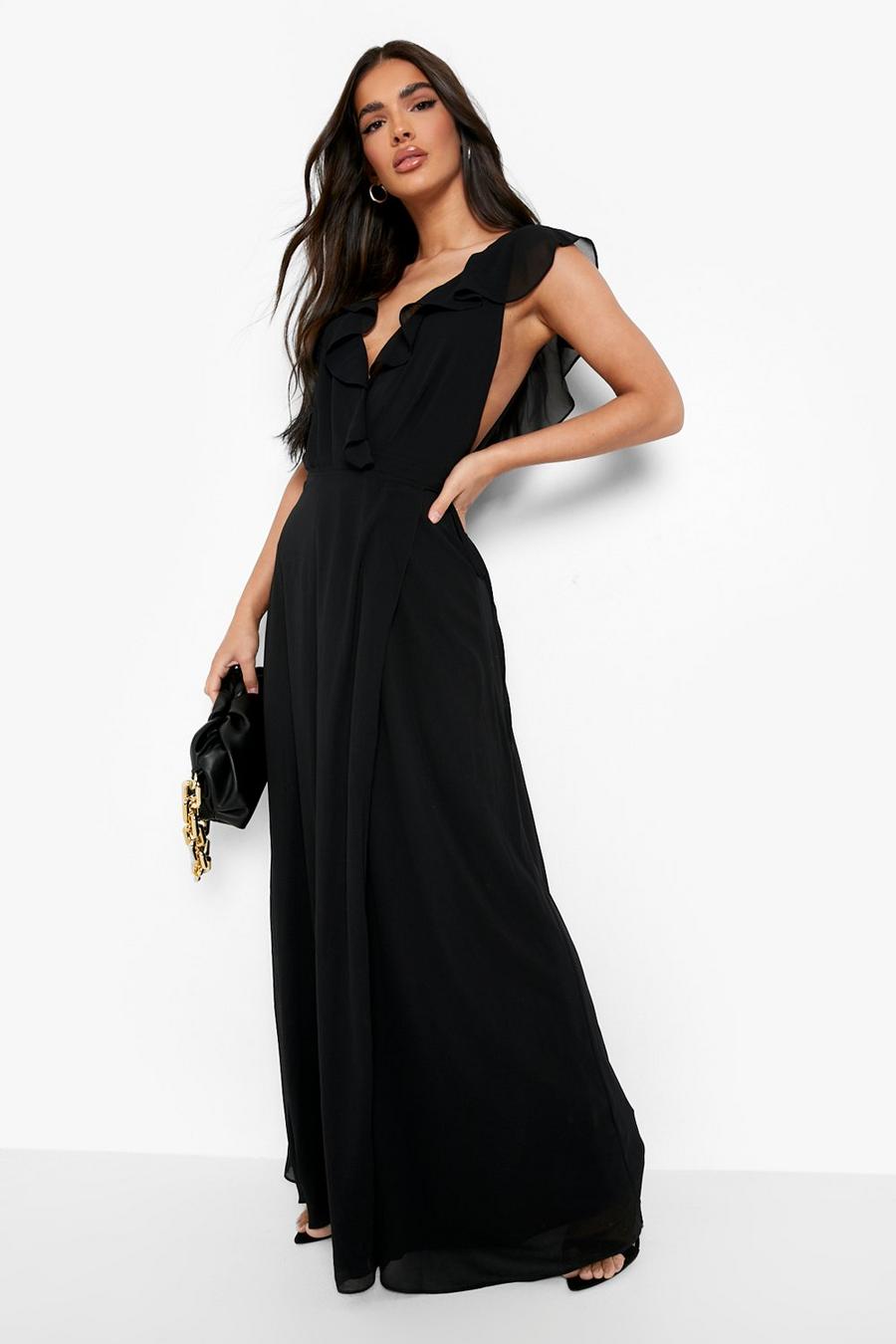 Black svart Frill Wrap Detail Chiffon Maxi Bridesmaid Dress