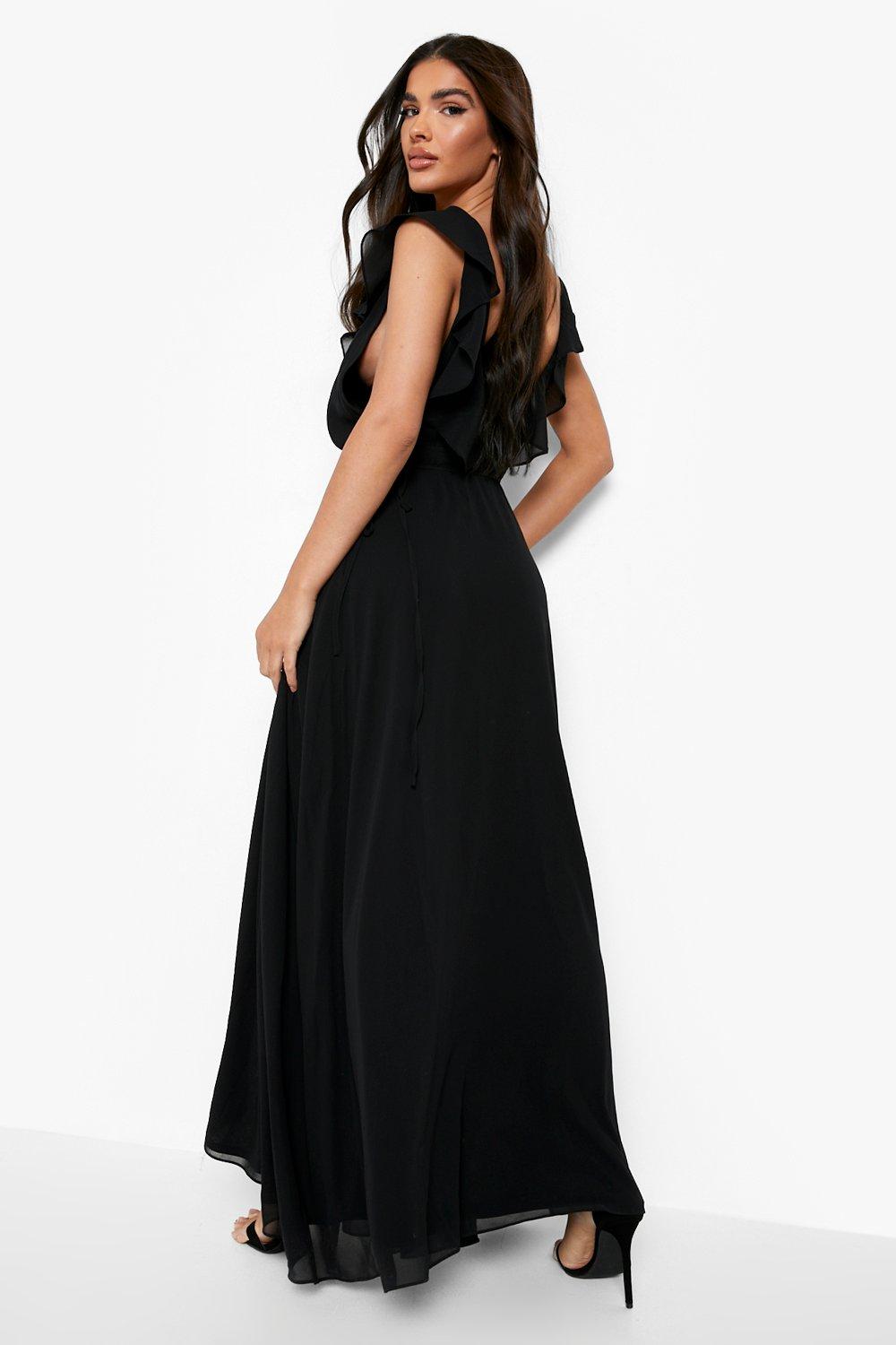 chiffon frill wrap maxi bridesmaid dress