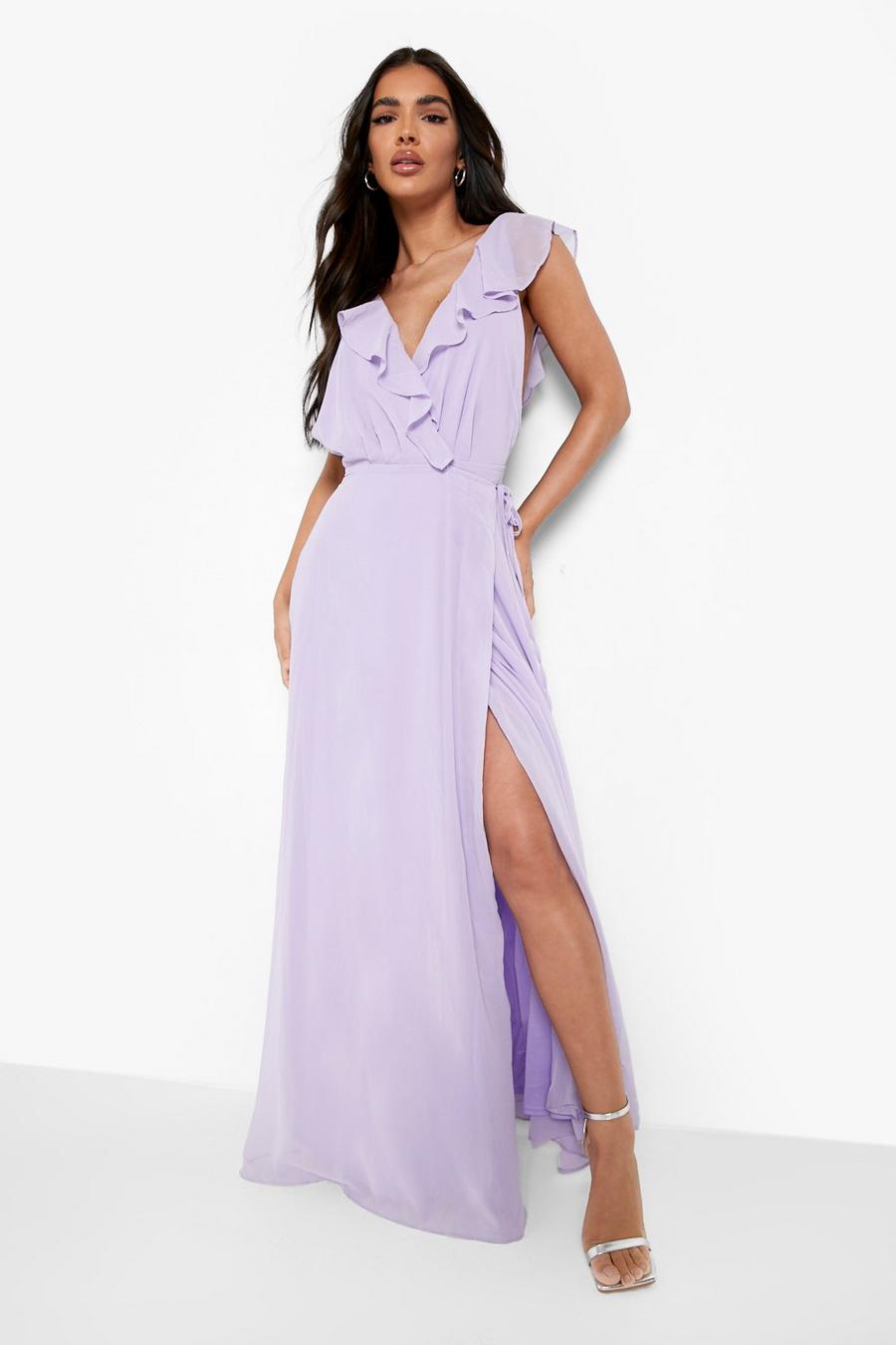 Vestido maxi para dama de honor de chifón cruzado con ribete de volante, Lila purple image number 1