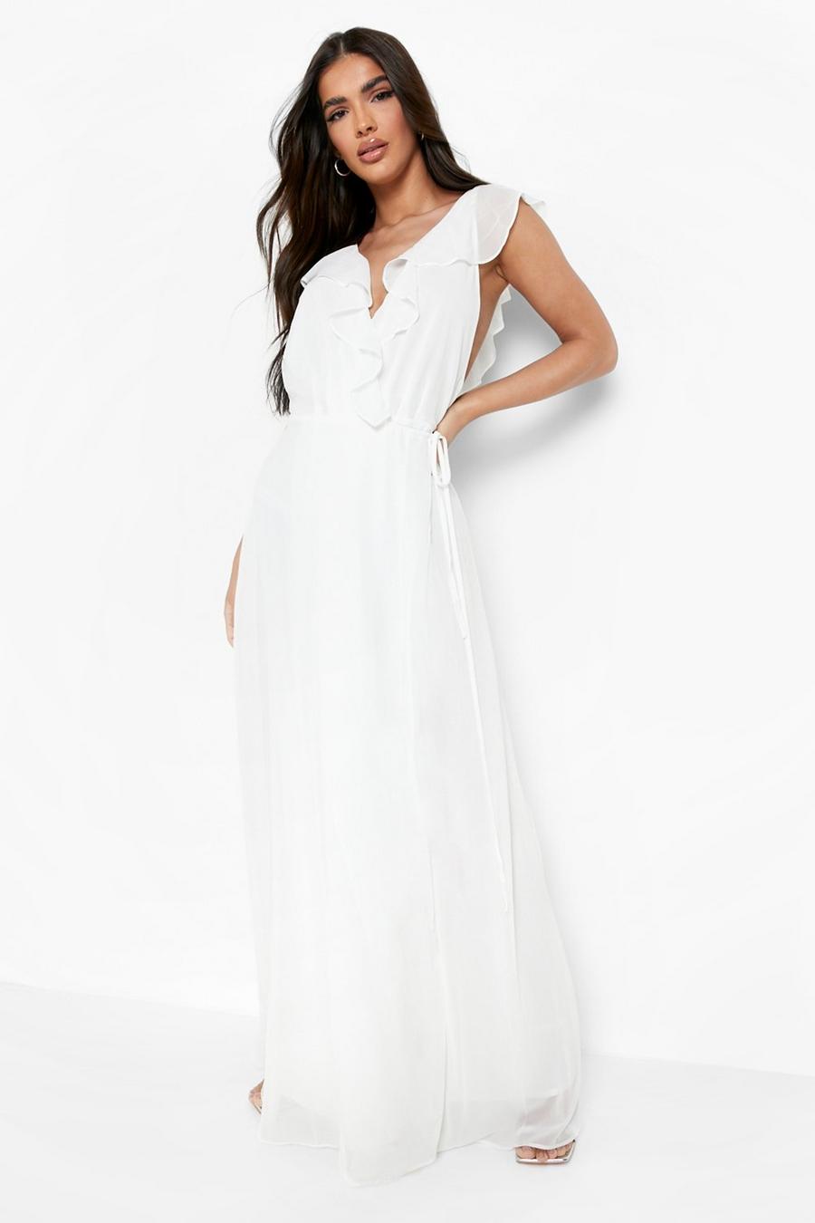White vit Frill Wrap Detail Chiffon Maxi Bridesmaid Dress