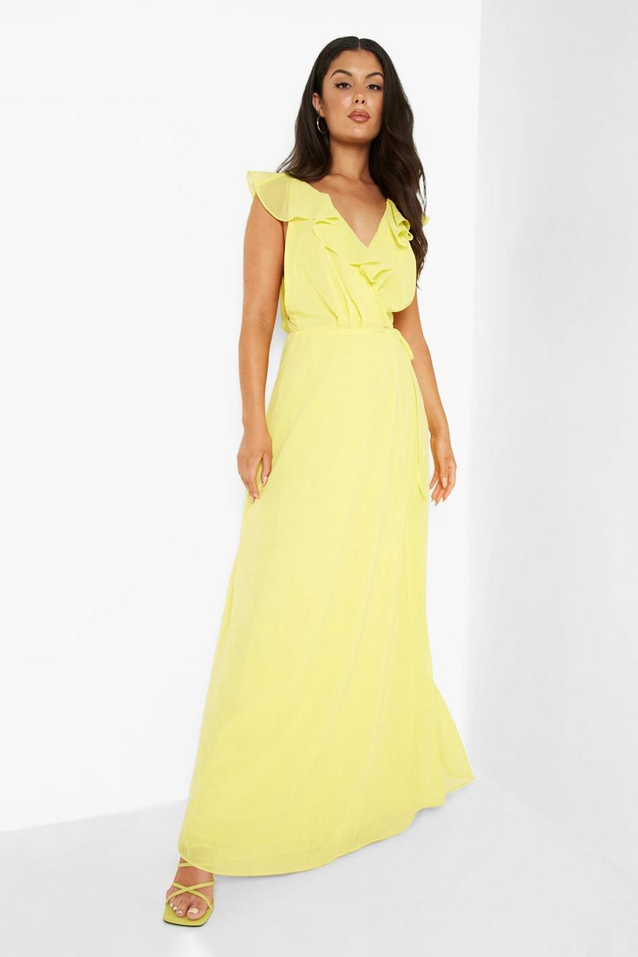 צהוב שמלת מקסי משיפון לשושבינה עם עיטור מעטפת מסולסל image number 1