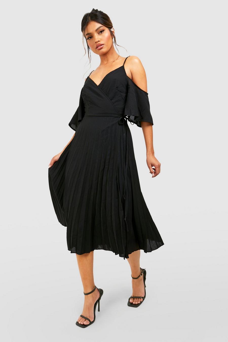 שחור שמלת מידי סקייטר ארוגה לשושבינה עם קפלים בכתף image number 1