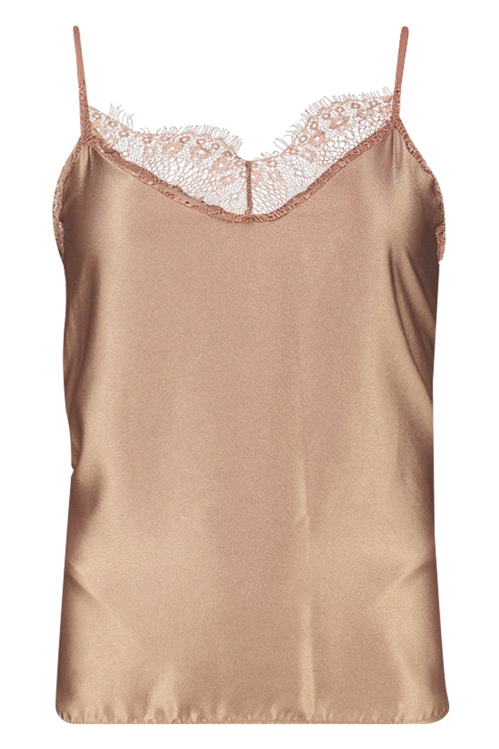LACE-TRIMMED SILK CAMI TOP - BROWN - COS