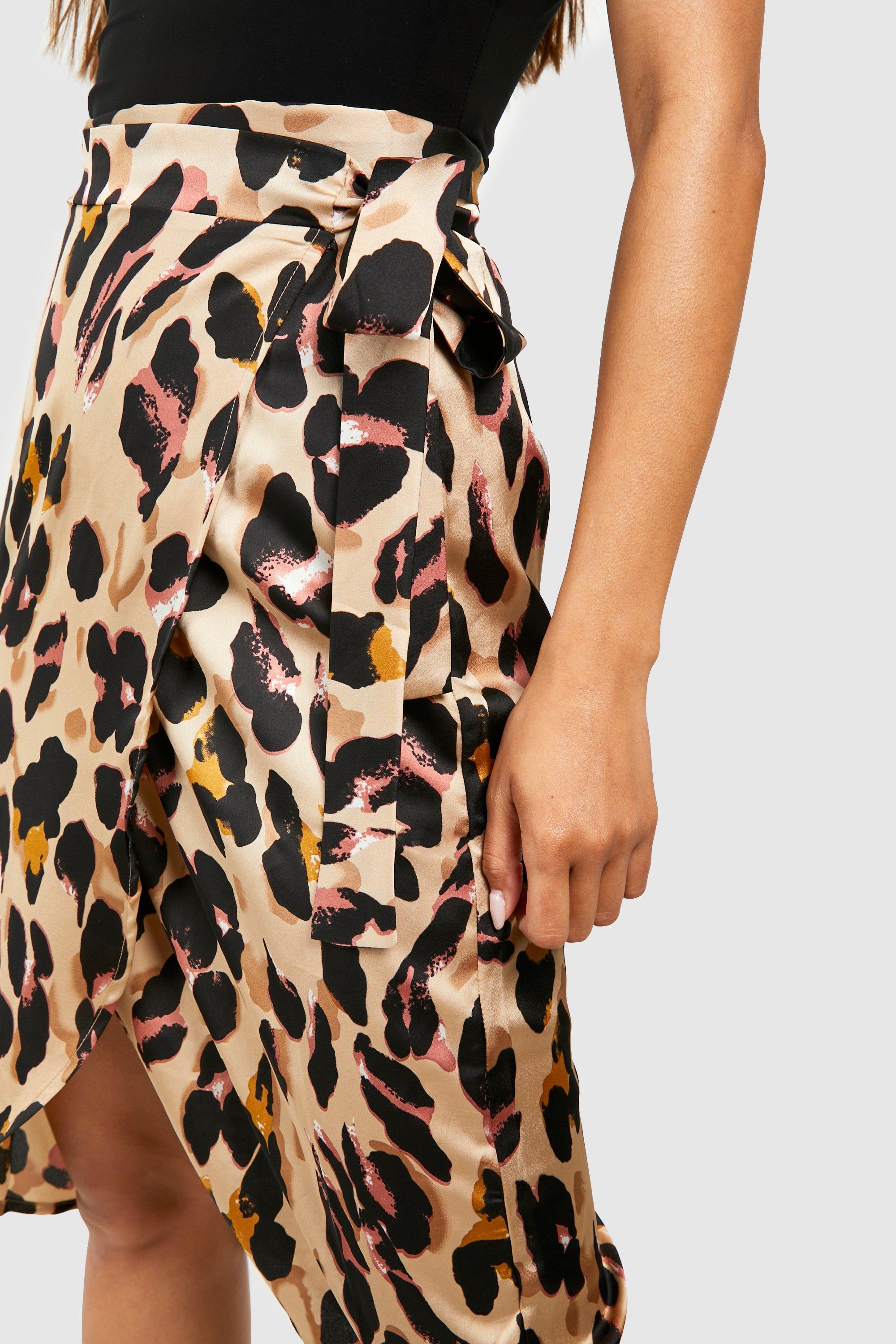 leopard print satin wrap midi skirt