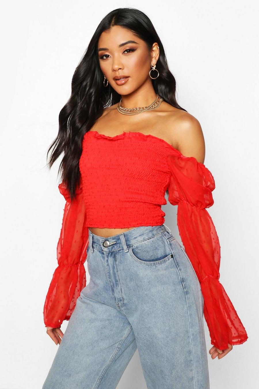 Red Polka Dot Mesh Shirred Square Neck Crop Top image number 1