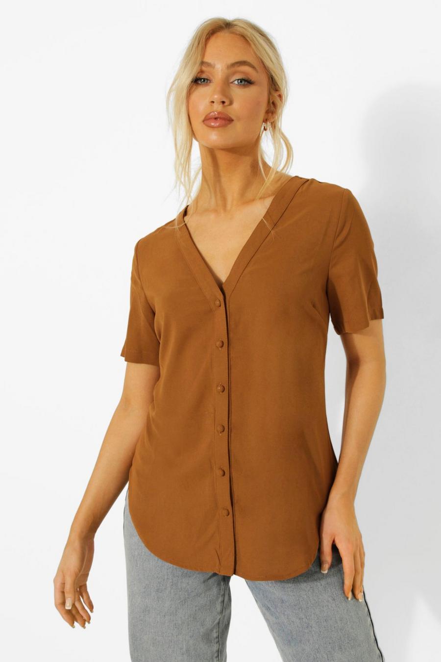 Mocha Blouse Met Korte Mouwen En Knopen image number 1