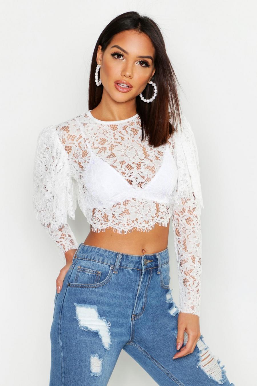 Eyelash Lace Cape Sleeve Crop Top image number 1