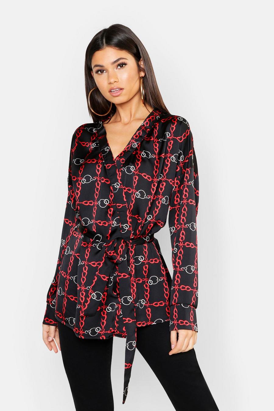 Blusa cruzada estilo kimono desatén con estampado de cadenas image number 1