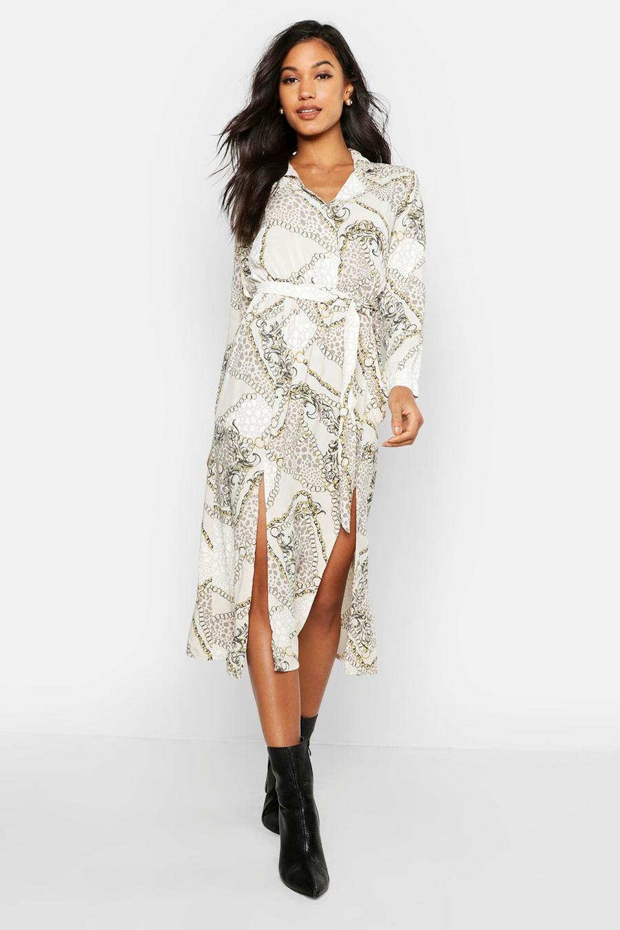 Woven Animal Chain Print Belted Midi Shirt Dress image number 1