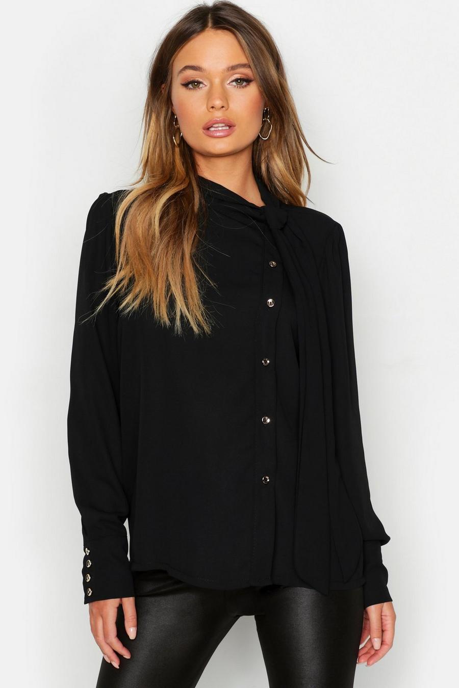 Black Woven Pussybow Button Detail Blouse