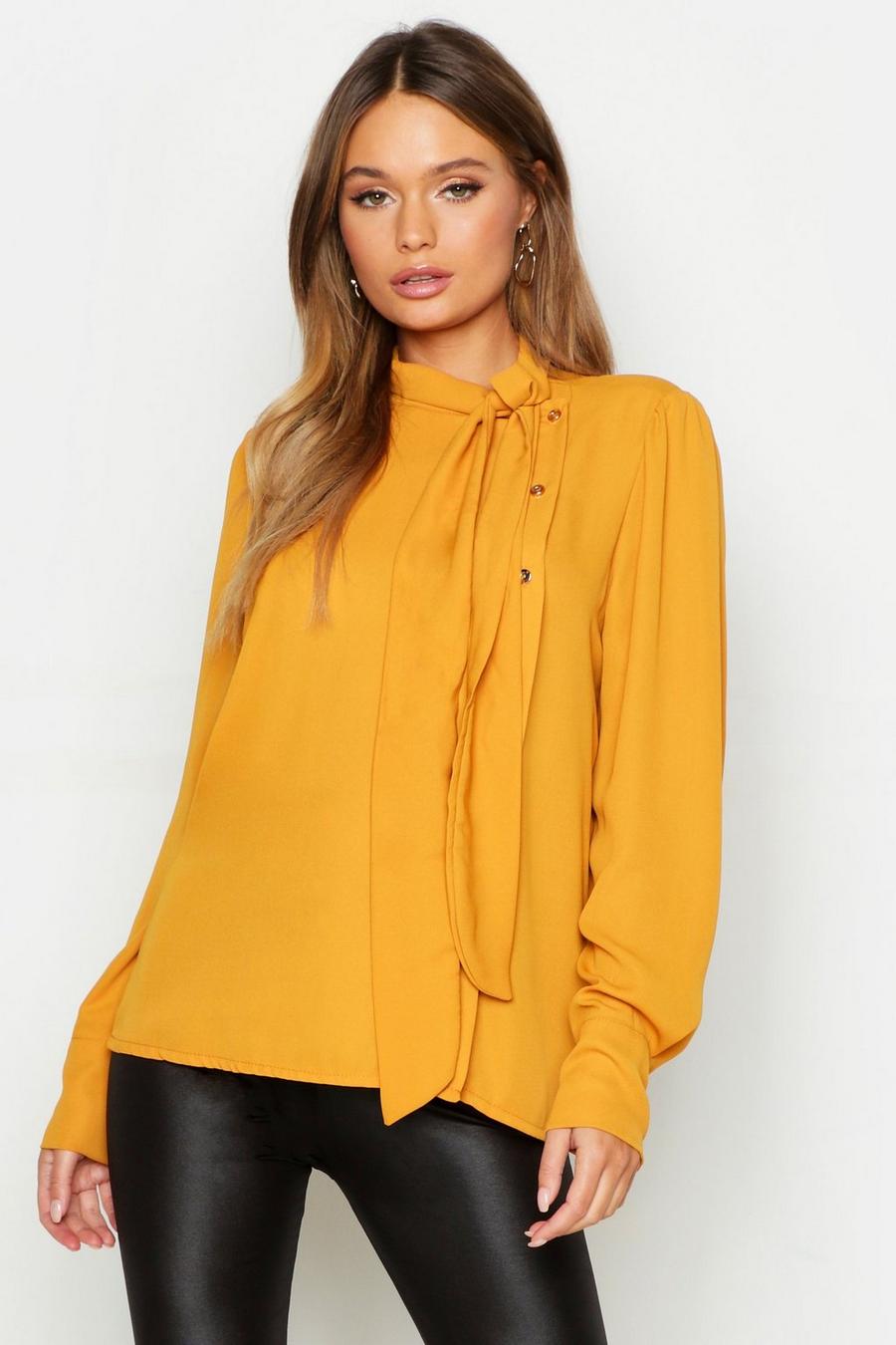 Mustard yellow Woven Pussybow Button Detail Blouse