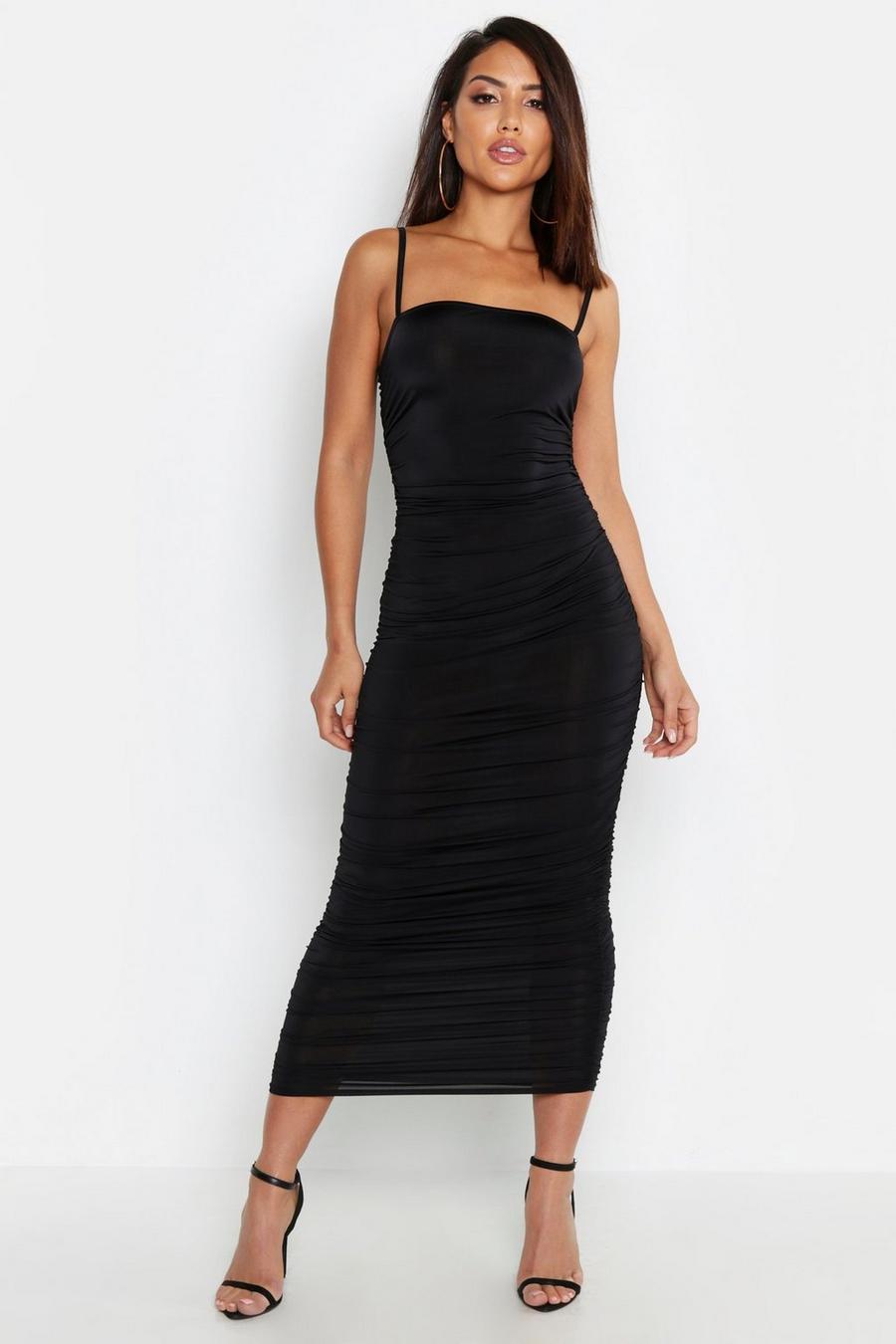 Black Strappy Square Neck Ruched Midaxi Dress
