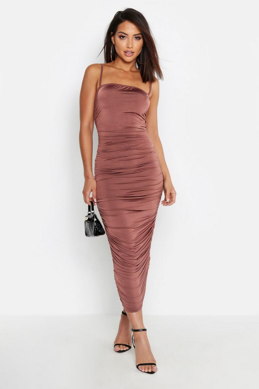 Strappy Square Neck Ruched Midaxi Dress, Taupe image number 1