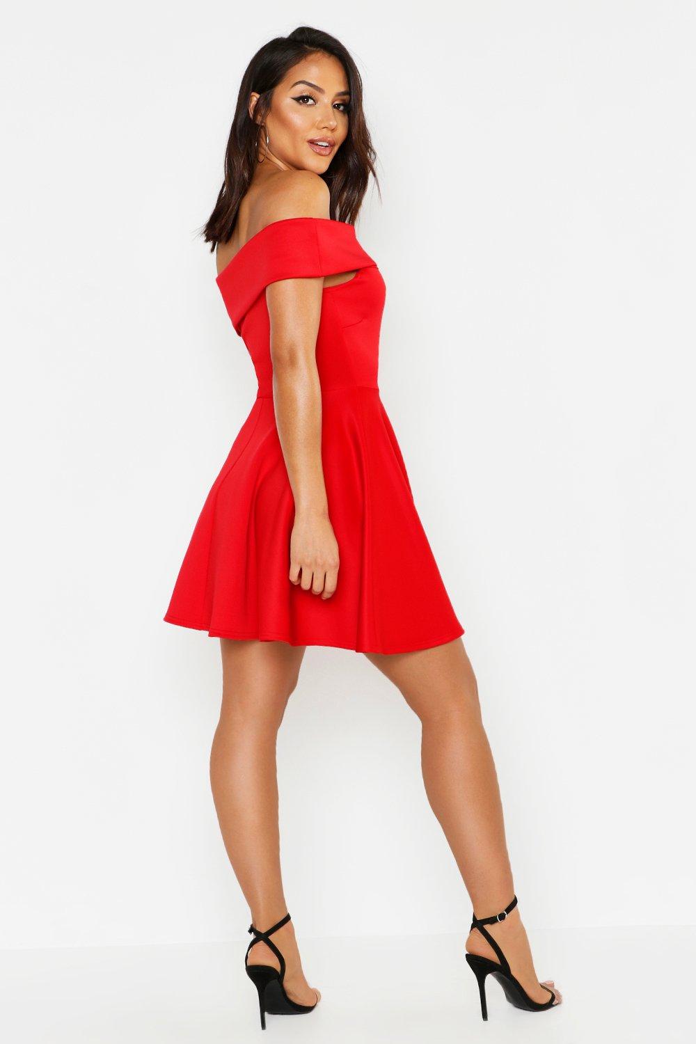 Boohoo off hot sale shoulder skater dress