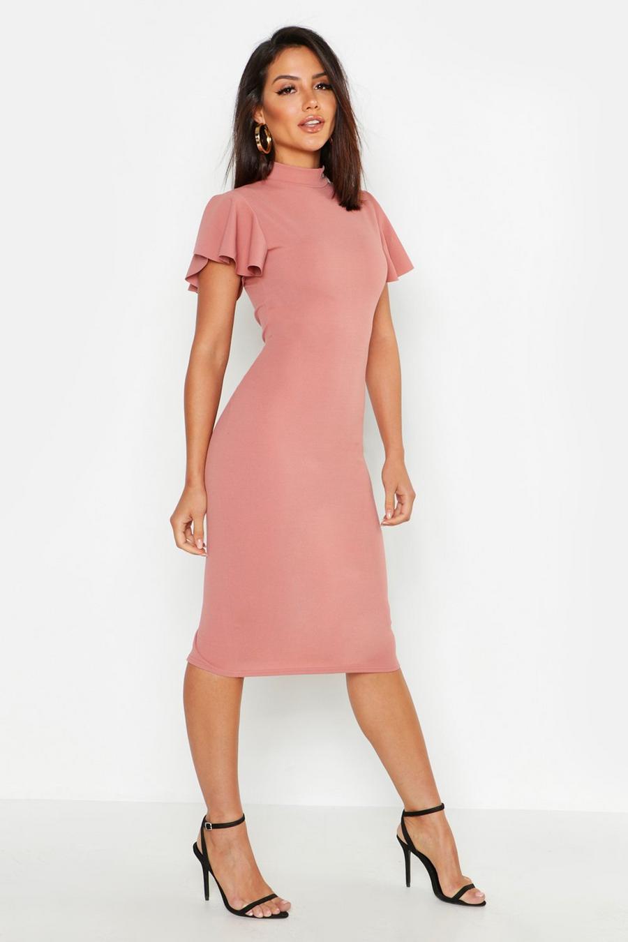 Rose Basic High Neck Frill Sleeve Midi Dress image number 1