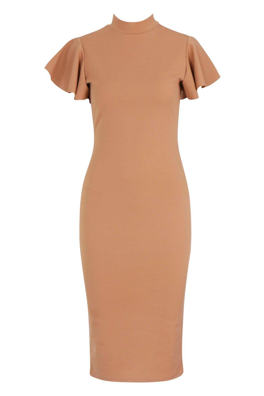 high neck frill midi dress