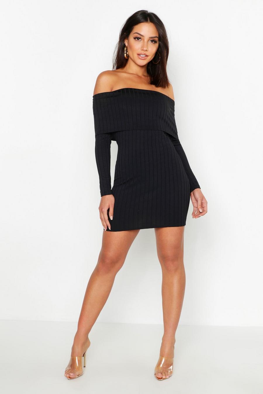 Ribbed Folded Off The Shoulder Bodycon Dress image number 1