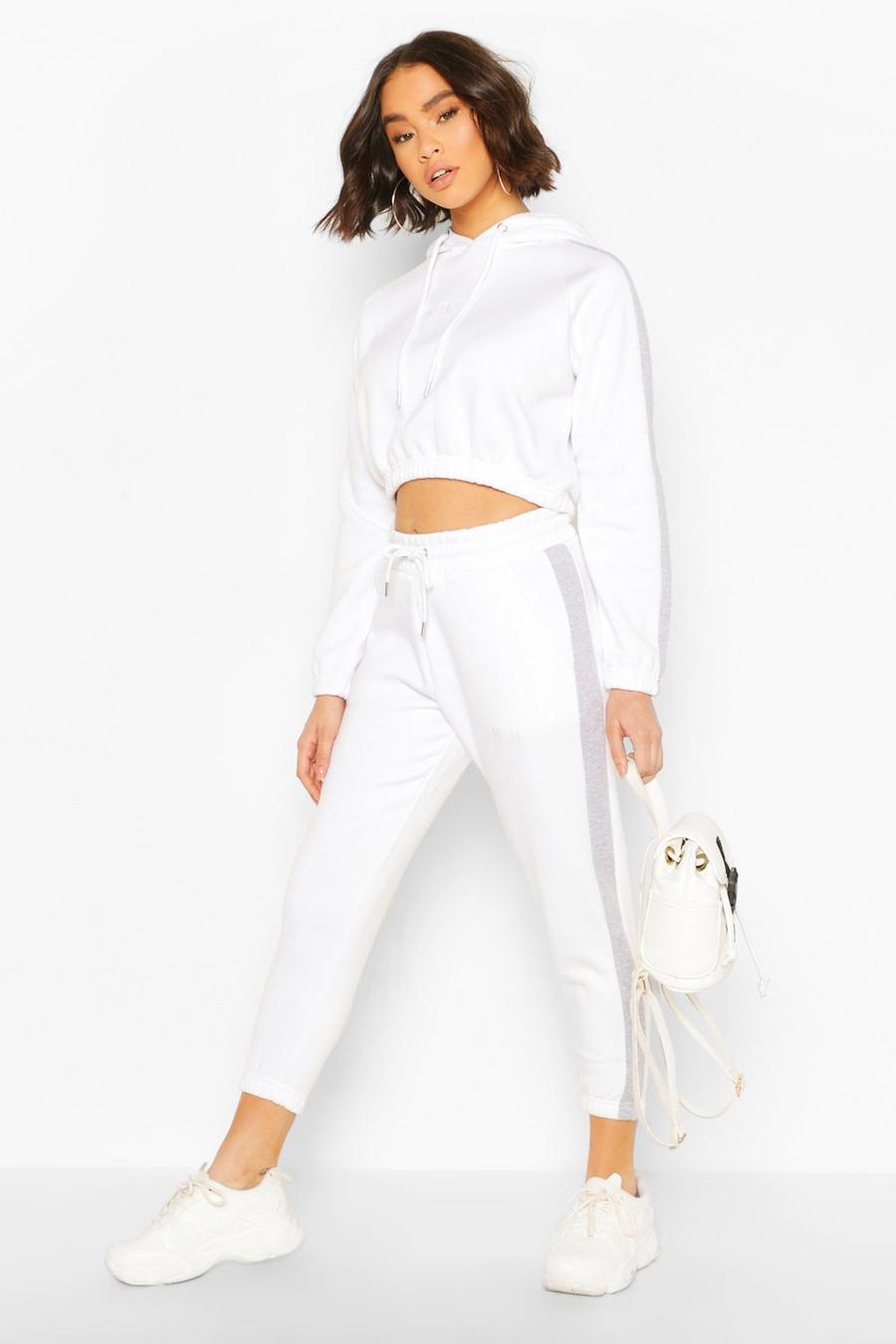 White Her Contrast Panelled Crop Hooded Tracksuit image number 1