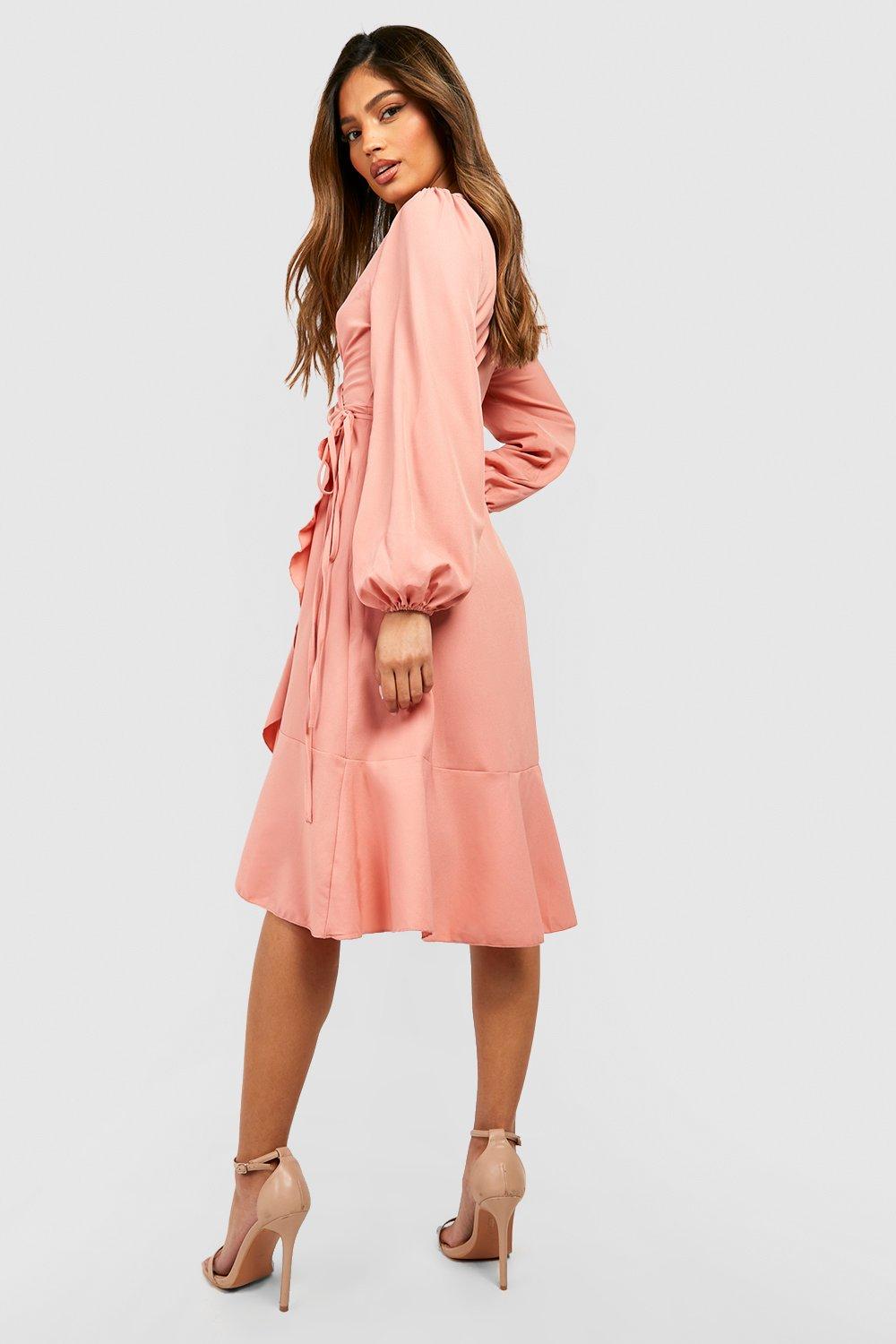 Crepe Ruffle Wrap Midi Skater Dress ...