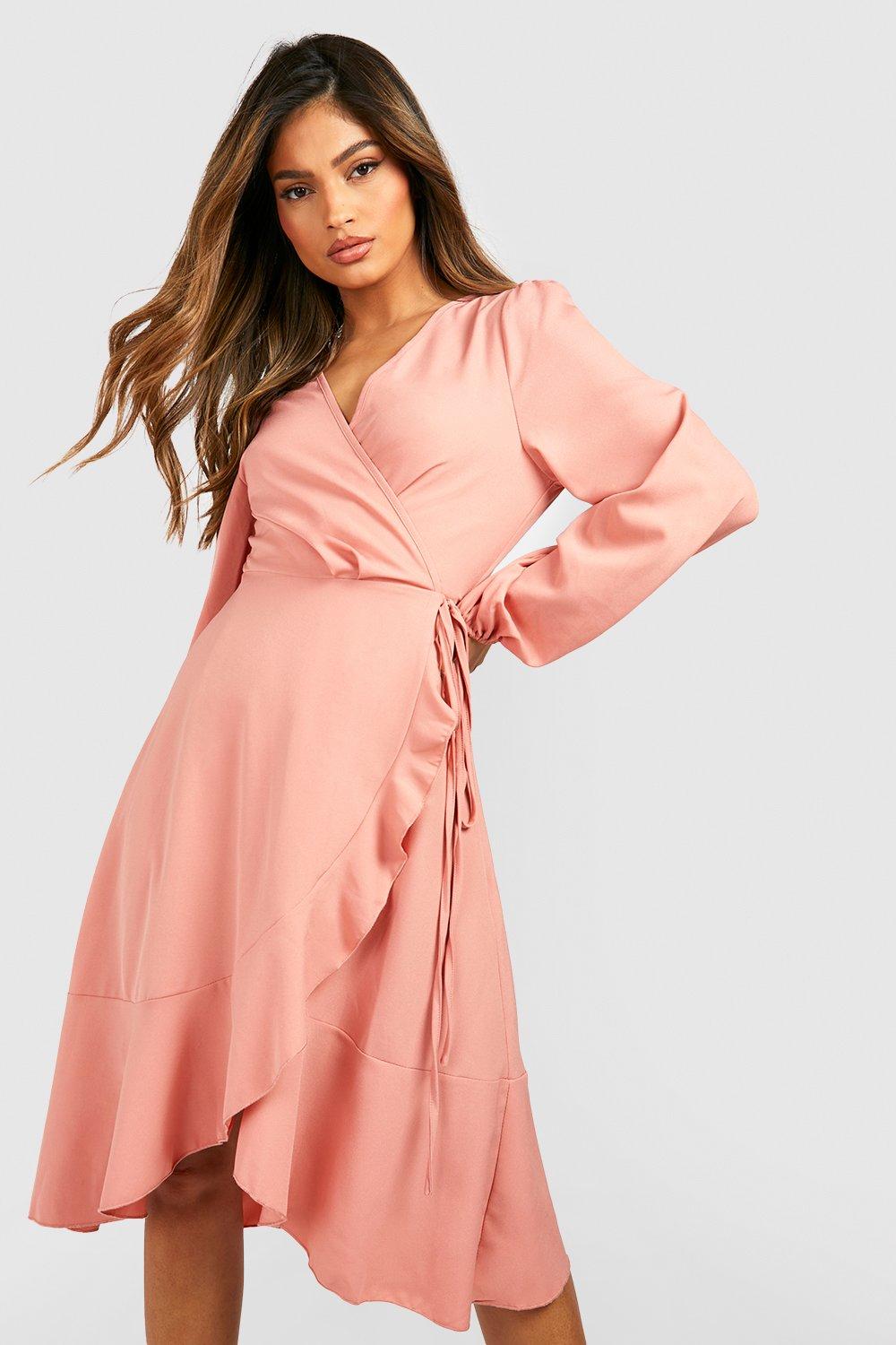 crepe ruffle wrap midi skater dress