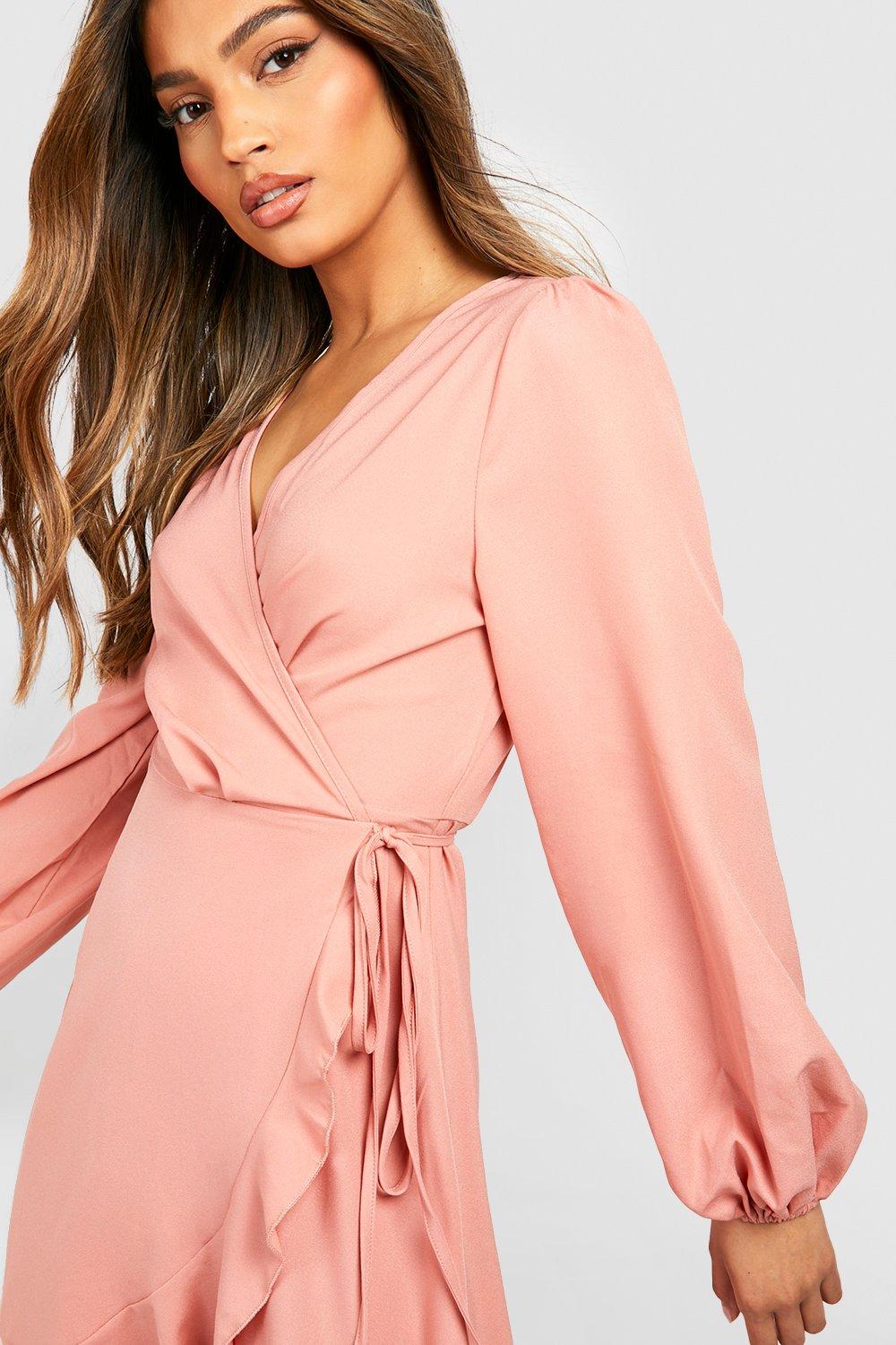 Women s Blush Crepe Ruffle Wrap Midi Skater Dress Boohoo UK