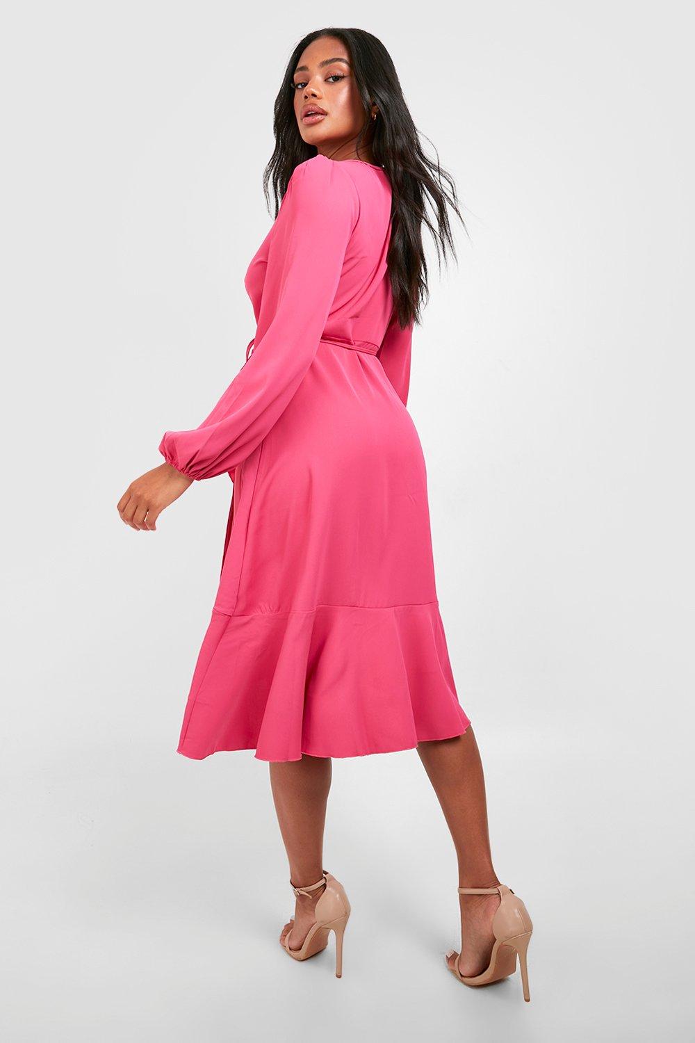Pink Crepe Ruffle Wrap Midi Skater Dress