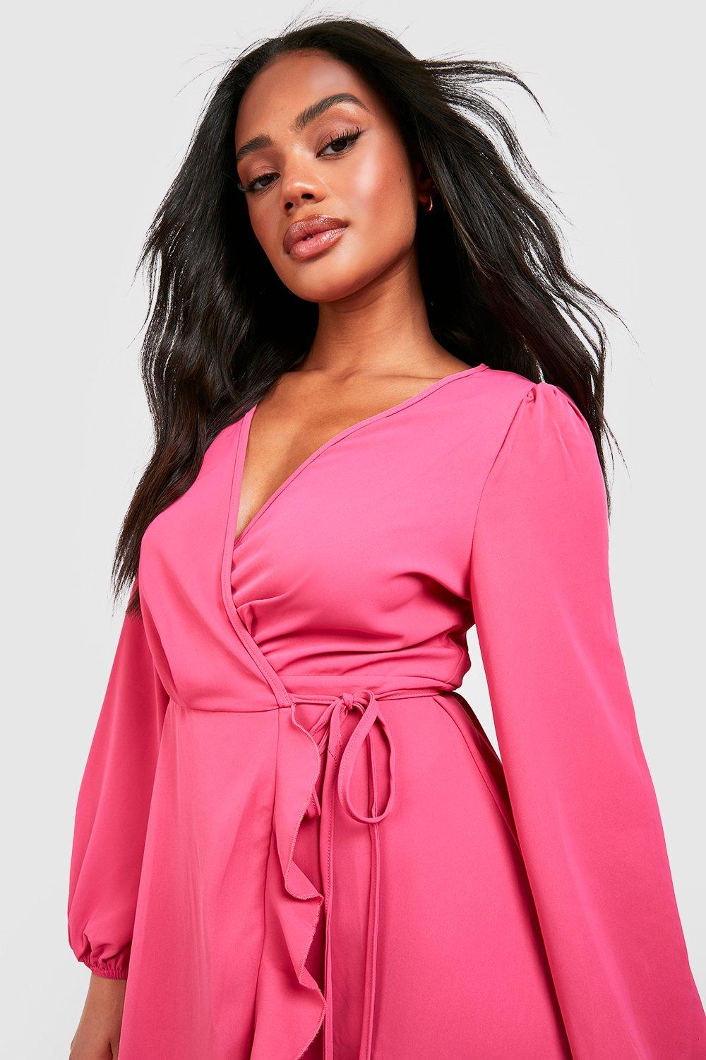 Pink Crepe Ruffle Wrap Midi Skater Dress